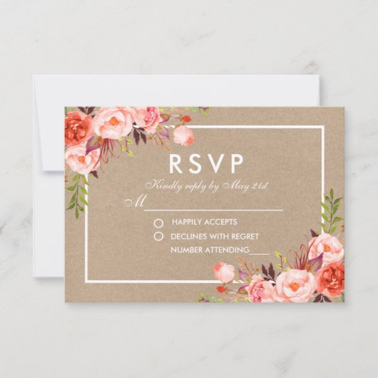 Waterverf Koraal Bloemen Kraft RSVP Wedding (Voorkant)