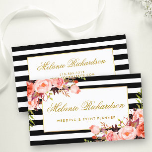 Waterverf koraal bloemig elegant goud zwart gestre visitekaartje