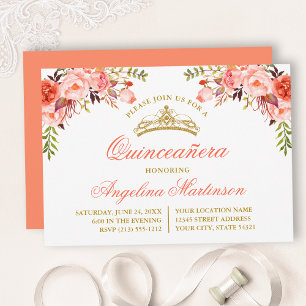 Waterverf Koraal Bloemige Quinceanera Feest Kaart