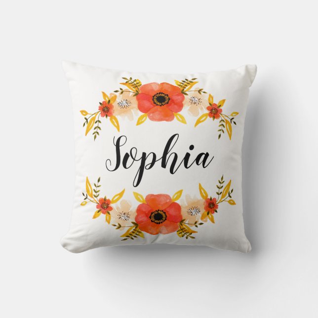 Waterverf Koraal - Floral - Aangepaste naam Kussen (Voorkant)