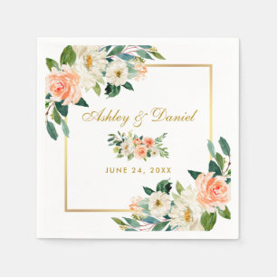 Waterverf Koraal Floral Gold Lijst Wedding Servet