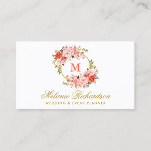 Waterverf koraal Floral Gold Monogram Visitekaartje