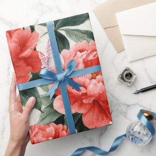 Waterverf Koraal Pioenroom Bloemmotief Cadeaupapier