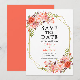 Waterverf Koraal Roos Floral Gold Geo Lijst Save The Date