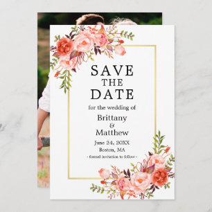 Waterverf koraal Rozen Foto Gold Save the Date
