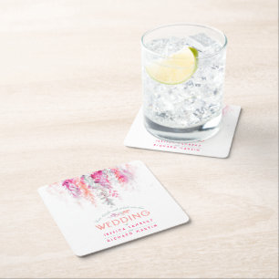 Waterverf koraal sinaasappel roze aangepaste bruil vierkante kartonnen onderzetter