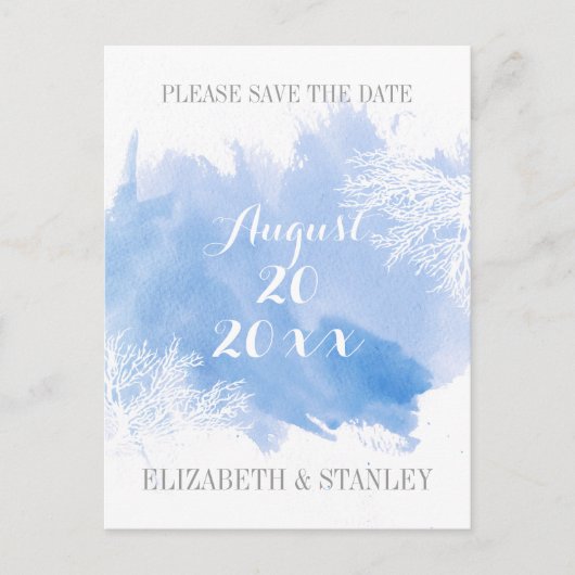 Waterverf koraalrif blauwe bruiloft Sla datum op Aankondigingskaart (Voorkant)