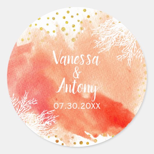 Waterverf, koraalrif, gouden confetti bruiloft ronde sticker (Voorkant)