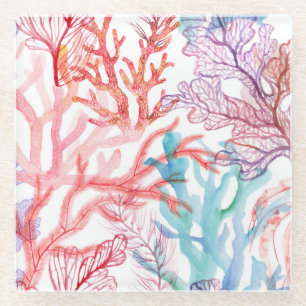 Waterverf koralen: onderwater wereld patroon. glazen onderzetter