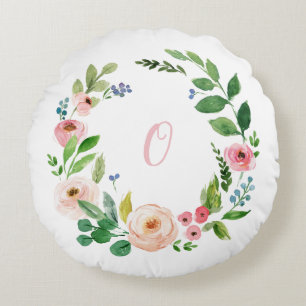 Waterverf krans blush roze initiaal baby rond kussen
