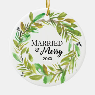 Waterverf krans Foto Getrouwd en vrolijk Keramisch Ornament