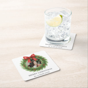 Waterverf Krans Foto Moderne Kerst Vierkante Kartonnen Onderzetter