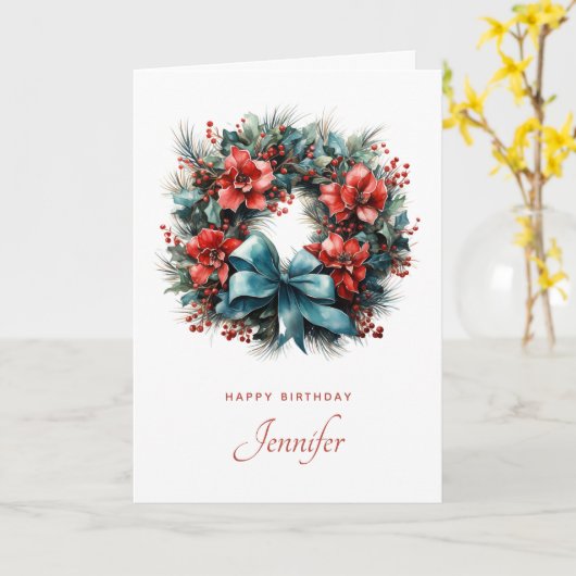 Waterverf Krans met Holly Verjaardag Kaart (Gele Bloem)