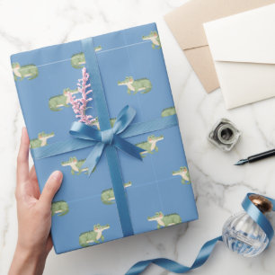 Waterverf Krokodillen op Blauw Cadeaupapier