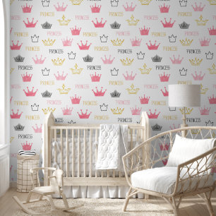 Waterverf kroontjes roze kleine prinses kwekerij behang