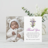 Waterverf kruis paarse bloemdoop dank u bedankkaart (Staand voorkant)