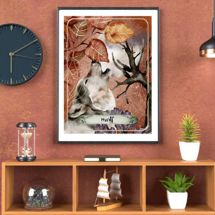 Waterverf Kunst Wolf Howling op volle maan Natuur Poster