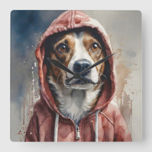Waterverf Kunstwerk Bruin en Witte Hond in Hoodie Vierkante Klok