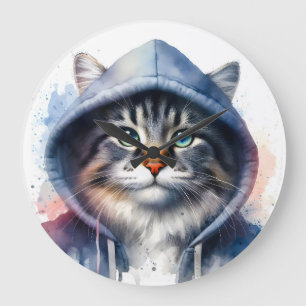 Waterverf Kunstwerk Tabby Cat in een Hoodie Splatt Grote Klok