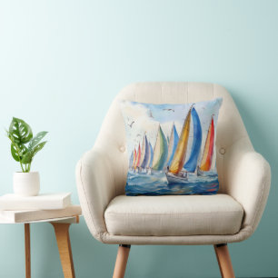 Waterverf kunstwerk zeilboot regatta kussen