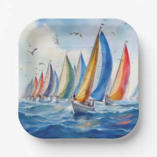 Waterverf kunstwerk zeilboot regatta papieren bordje