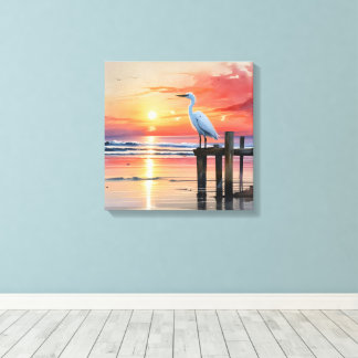 Waterverf Kustzonsopgang met Egret Canvas Afdruk