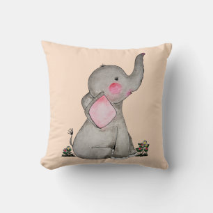 Waterverf Kute Baby Elephant met Blush & Flowers Kussen