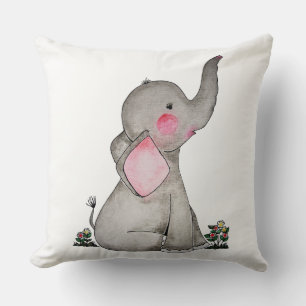 Waterverf Kute Baby Elephant met Blush & Flowers Kussen
