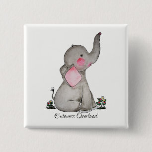 Waterverf Kute Baby Elephant met Blush & Flowers Vierkante Button 5,1 Cm