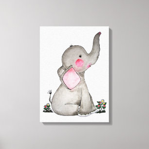 Waterverf Kute Baby Lephant met blozen en bloemen Canvas Afdruk