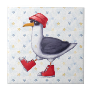 Waterverf Kute Beach Seagull Cartoon Bird Natuur Tegeltje