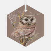 Waterverf Kute Little Owl Bird in Tree Glas Ornament (Achterkant)