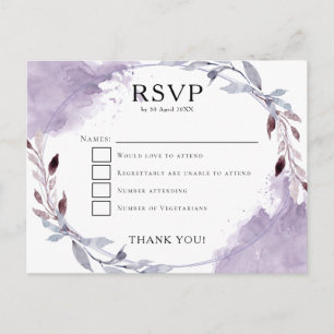 Waterverf laat Paarse Lila Grey Wedding RSVP Briefkaart