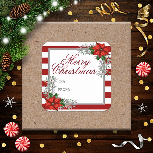  Waterverf Label met kerstcadeaus Poinsettia