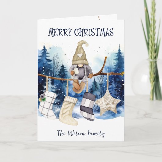 Waterverf Lady Gnome Blauw Bos Vrolijk kerstfeest Feestdagen Kaart (Voorkant)