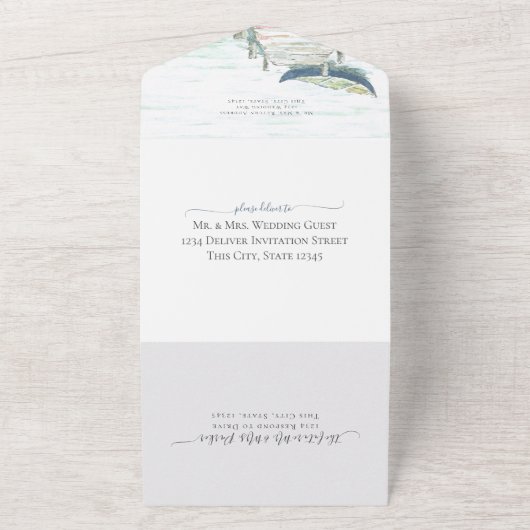 Waterverf Lake Blue kano bruiloft All In One Uitnodiging (Buitenkant)