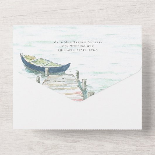 Waterverf Lake Blue kano bruiloft All In One Uitnodiging (Achterkant)