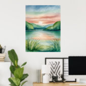 Waterverf Lake Landschap met bergen en zonsonderga Poster (Thuiskantoor)