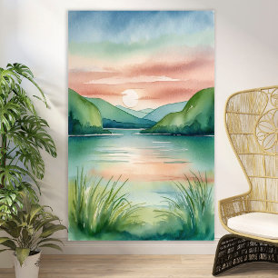 Waterverf Lake Landschap met bergen en zonsonderga Poster