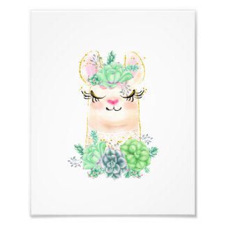 Waterverf Lama met Succulenten Foto Print Afdruk