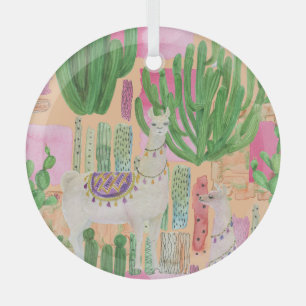 Waterverf lama's, cactussen: naadloos patroon. glas ornament