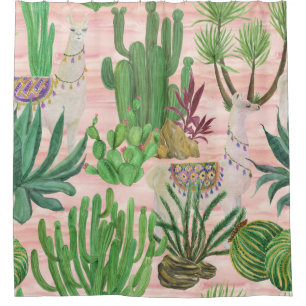Waterverf lama's en cactussen. douchegordijn
