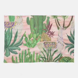 Waterverf lama's en cactussen. theedoek