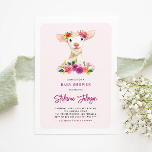 Waterverf Lamb en Purple Flowers Baby shower Kaart