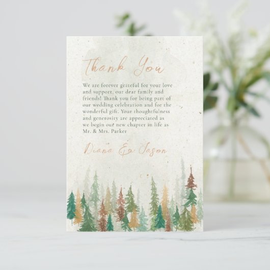 Waterverf landelijke dennenbomen bedankkaart (Staand voorkant)