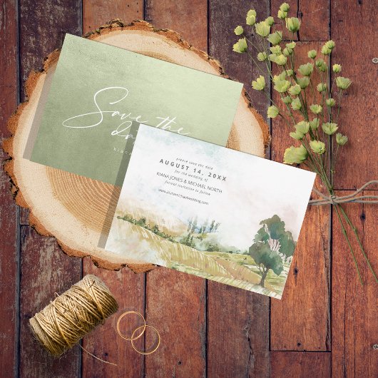 Waterverf Landscape Wedding Sage Hor. Groene ID786 Save The Date