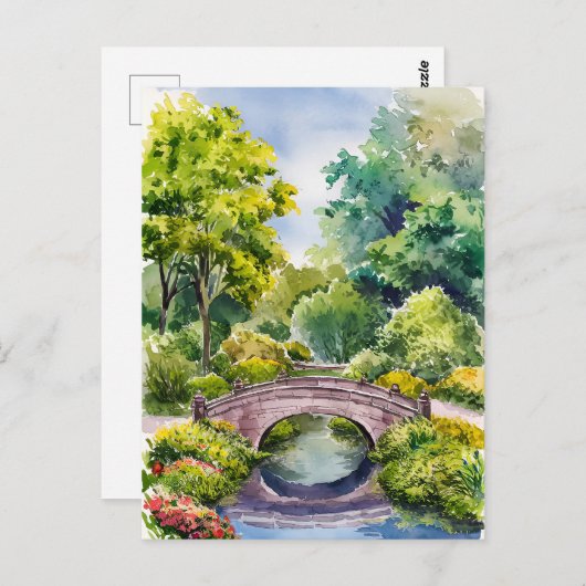 Waterverf landschap groene tuin brug meer briefkaart (Voorkant / Achterkant)