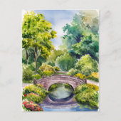 Waterverf landschap groene tuin brug meer briefkaart (Voorkant)