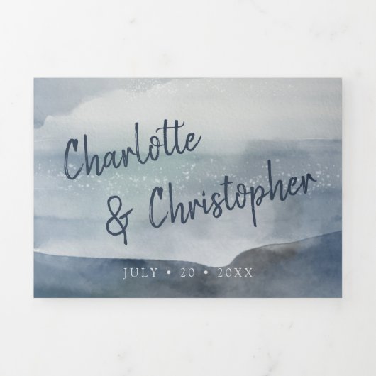 Waterverf Landschap Indigo Alles in één bruiloft Drieluik Uitnodiging (Cover)