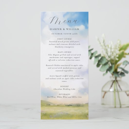 Waterverf landschap met wolken bruiloft menu (Staand voorkant)